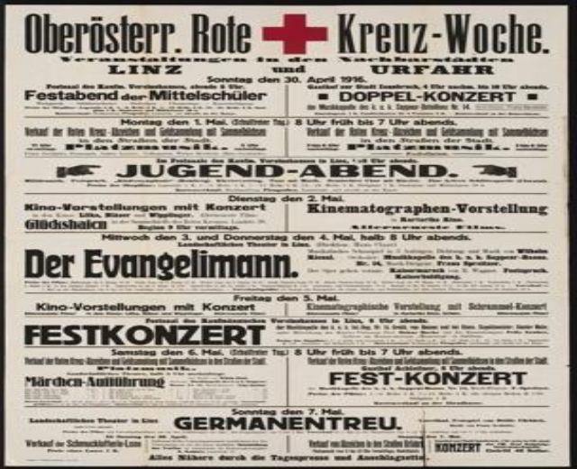 Alte deutsche Zeitungsanzeige für das Deutsche Rote Kreuz vom 30. April 1916 mit Text und Pluszeichen.