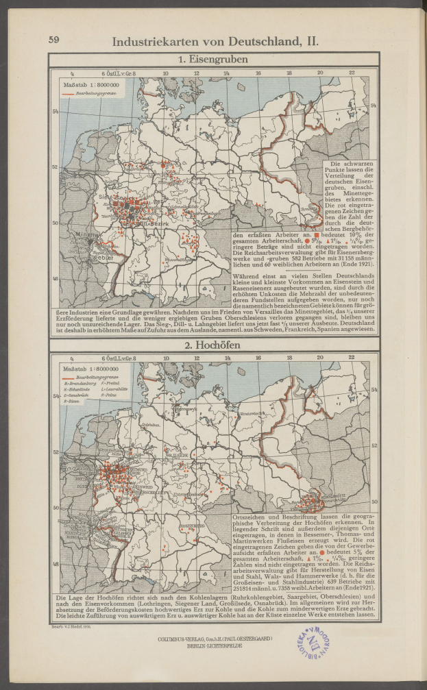 Ein aufgeschlagenes Buch, das eine detaillierte Karte von Deutschland zeigt, einschließlich Flüsse, Berge und Städte, mit begleitendem Text, der zusätzliche geographische Informationen liefert.
