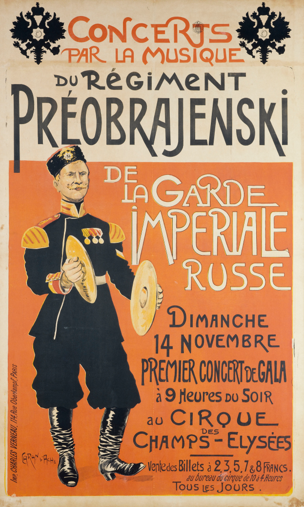 Ein Plakat, das ein Konzert für den Kaiser von Russland ankündigt, zeigt einen Mann in der Mitte mit einem Musikinstrument, mit Text, der Informationen zum Event enthält.