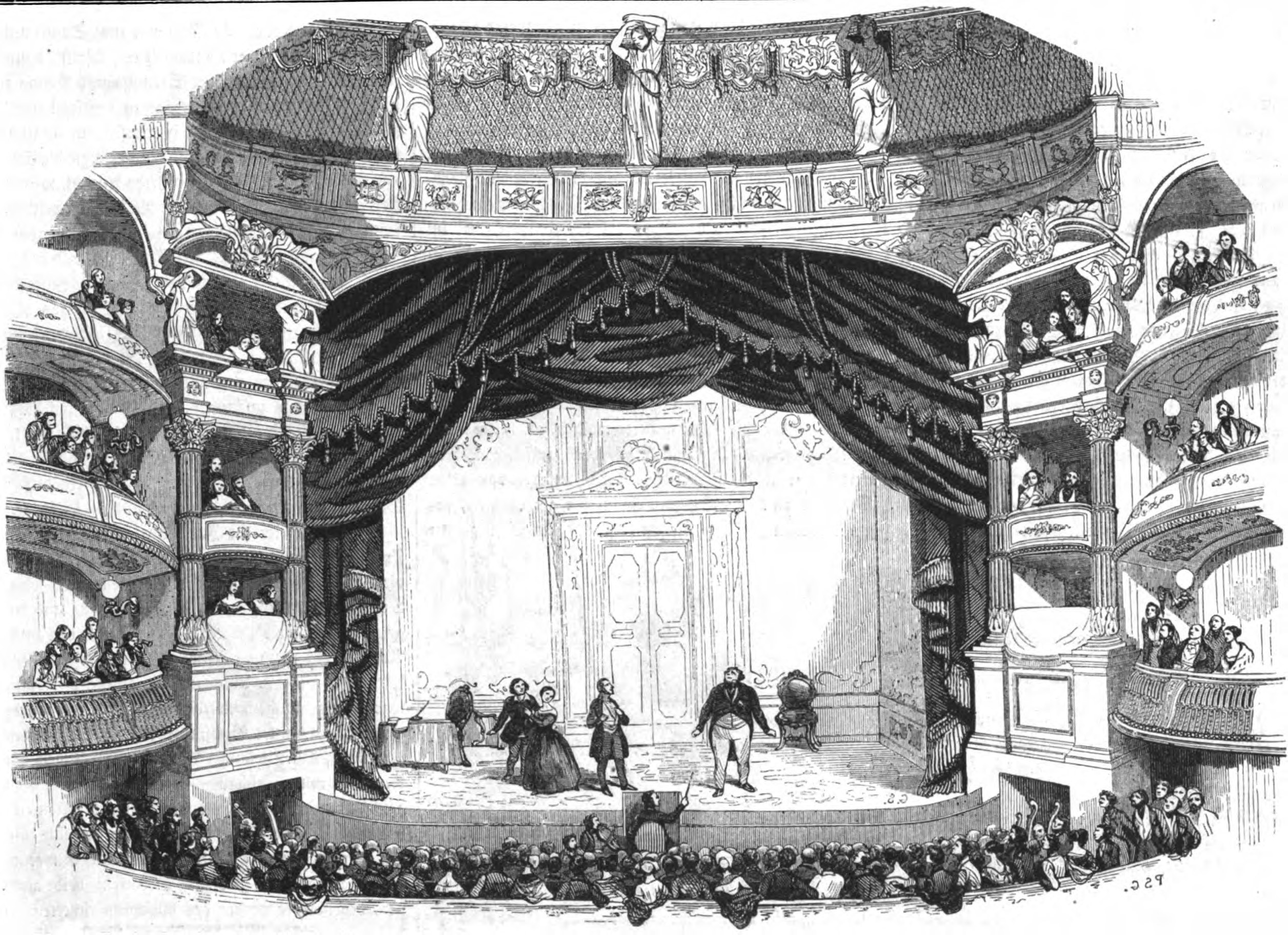 Schwarze und weiße Zeichnung einer Bühne im Royal Opera House, London, mit Darstellern, Geländern, Säulen, Vorhängen und einer Tür.
