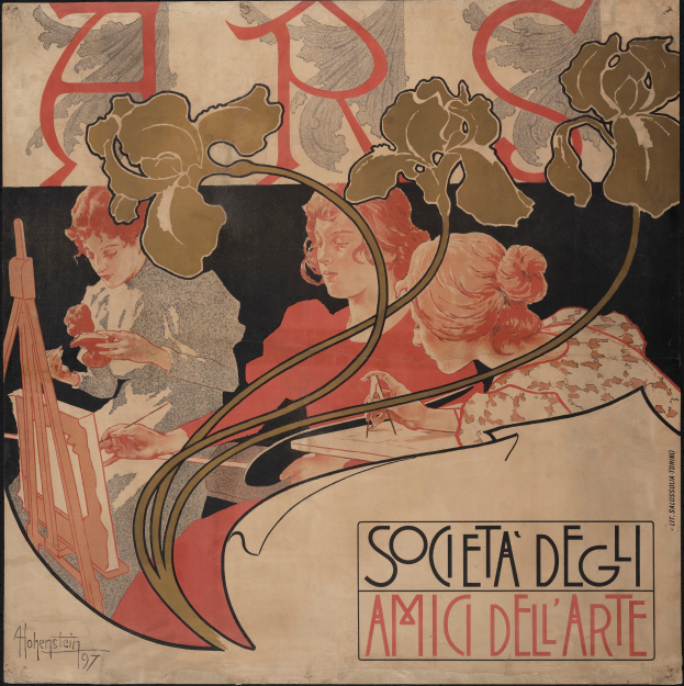 Ein Plakat, das die Gesellschaft der Kunst von Alphonse Mucha ankündigt, zeigt eine farbenfrohe Illustration von drei einzigartig gestalteten Personen vor einem hellgelben Hintergrund, mit 'Gesellschaft der Kunst' in fetter schwarzer Schrift.