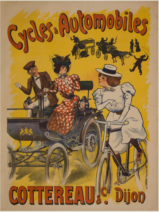Ein Vintage-Plakat wirbt für Fahrräder und Automobile in Cottereau und Dijon, Frankreich, mit Menschen auf Fahrrädern und einer Kutsche, sowie der Aufschrift "Fahrräder und Automobile" oben.