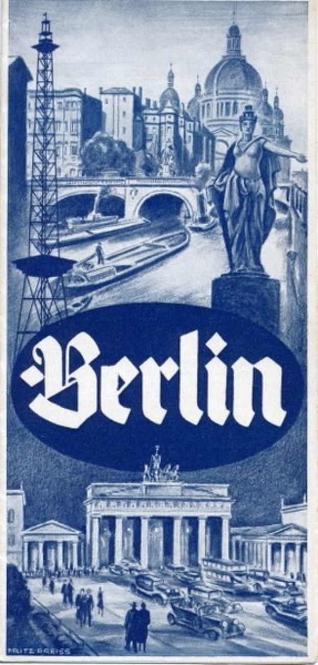 Plakatwerbung Berlin, Deutschland, mit einer Statue, Gebäuden, einem Turm, Menschen, Fahrzeugen auf der Straße, einer Brücke und Text mit Stadtinformationen.