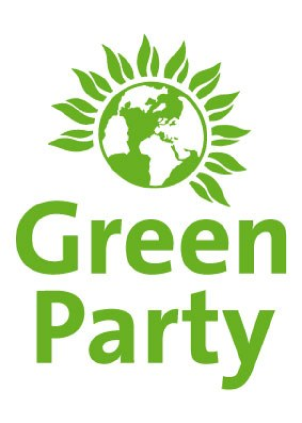 Logo der Grünen mit einem grünen Kreis mit weißer Umrandung und einem Stern, der die zentrierte weiße Schrift "Grüne Partei" in fetter Sans-Serif-Schrift enthält.