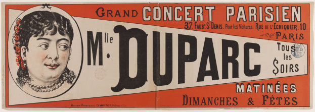 Ein Plakat, das ein großes Konzert in Paris ankündigt und das Gesicht einer Frau zeigt.