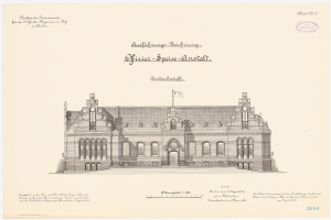 Eine Zeichnung des Hauptsaals des Deutschen Bundestages in Berlin, gekrönt von einer Flagge, begleitet von Text auf dem Papier.