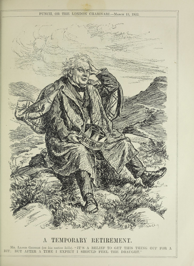 Ein altes Buch mit einer Zeichnung eines ernsten Mannes in einem langen Mantel und Hut, der darauf sitzt, mit der Aufschrift "Eine vorläufige Rente" auf dem Cover.