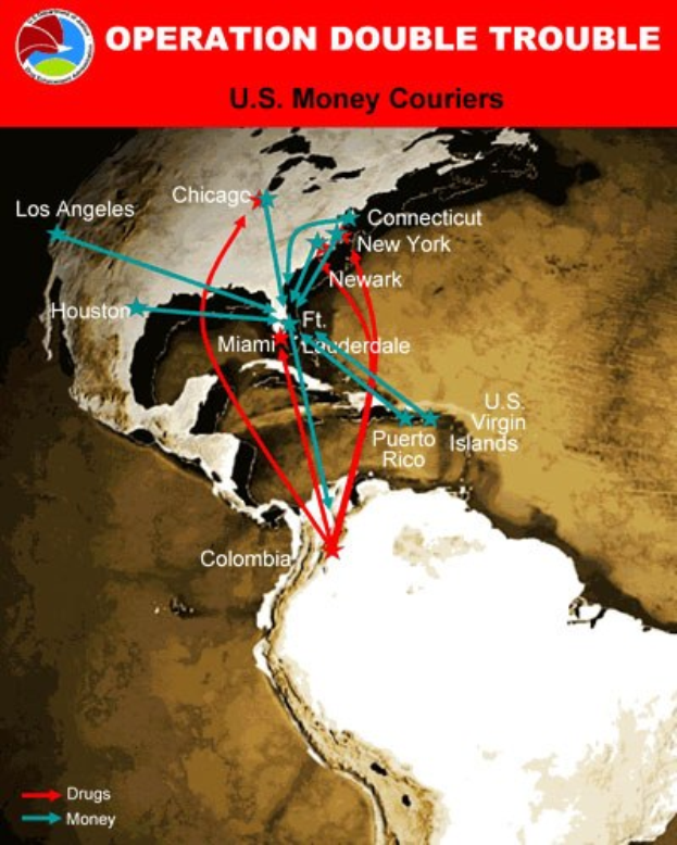 Plakat mit dem Titel "Operation Double Trouble: US-Geldkurier" mit einer US-Karte, die in zwei Abschnitte unterteilt ist, von denen einer die Kurierrouten und der andere die Standorte der Carrier zeigt, mit fetter schwarzer Schrift auf einem weißen Rand.