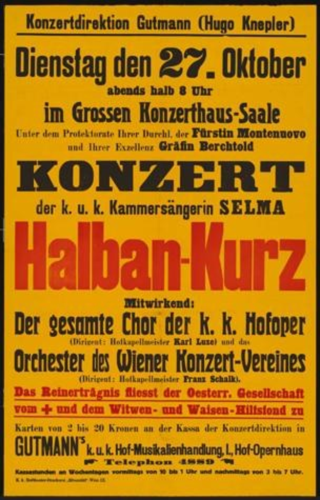 Gelbes Plakat wirbt für ein Konzert mit dem Titel "Konzert Halban-Kurz" in Berlin, Deutschland.