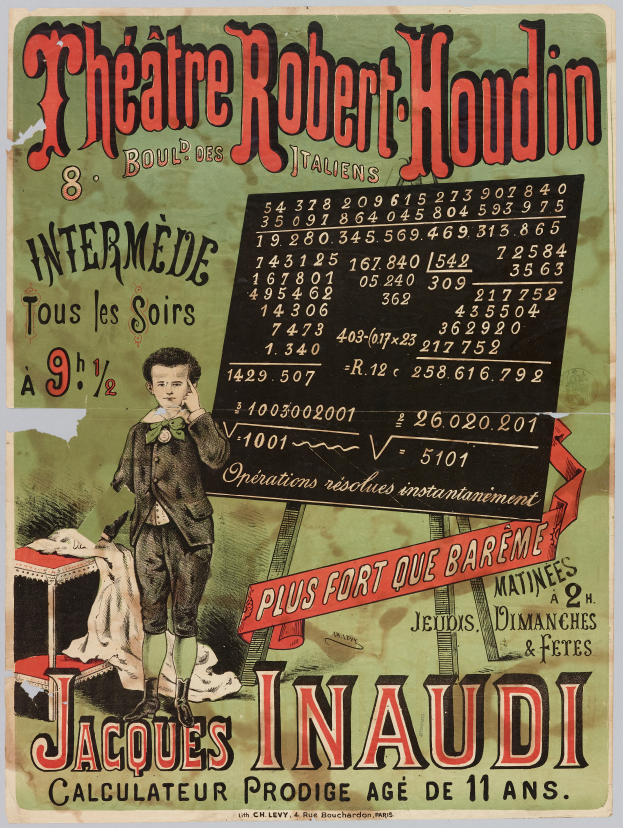 Ein Plakat für das Théâtre Robert-Houdin in Paris, das eine Person vor einem Tisch mit einem Tuch darauf zeigt, mit Text, der das Theater bewirbt.