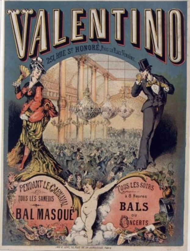 Ein Plakat für eine Valentinstagsparty in Paris, das einen Mann mit Zylinder und eine Frau in einem langen Kleid zeigt, die nebeneinander stehen, mit Text, der das Ereignis beschreibt.