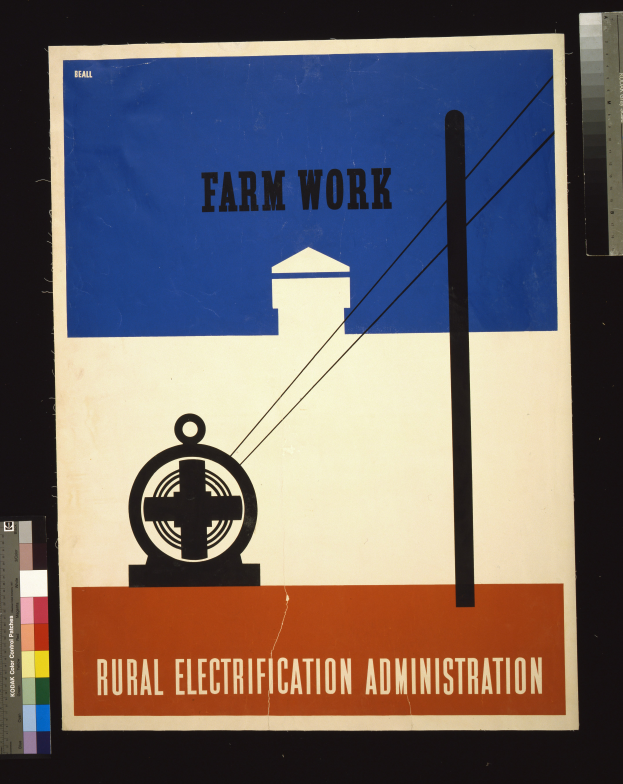 Ein Plakat mit fetter, schwarzer Schrift, die "Farm Work Rural Electricity Administration" auf einem weißen Hintergrund zeigt, eingerahmt von einem schmalen schwarzen Rand, mit einer Grafik eines Bauernhofs mit einem Traktor und einem Bauernhof im Hintergrund.