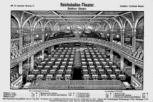 Eine Schwarz-Weiß-Zeichnung des Reichshallen Theaters in Berlin, Deutschland, zeigt das Auditorium mit Sitzreihen, Säulen und einer Decke, mit Text unten.