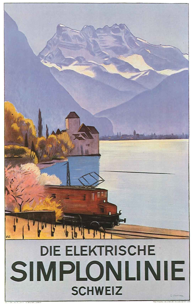 Plakat, das die Schweizerische Bundesbahn bewirbt, zeigt einen Zug auf Schienen in der Nähe eines Sees mit Bäumen, einem Gebäude und Bergen im Hintergrund.