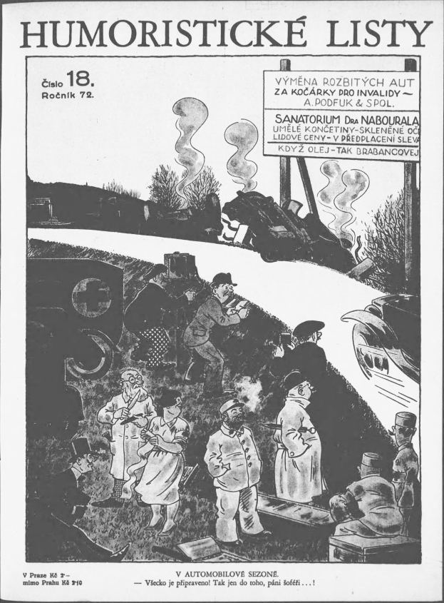 Ein Schwarz-Weiß-Cartoon von einer Gruppe von Menschen, die vor einem Zug stehen und nach oben schauen, mit dem Text "humoristische Listen 18" auf einem Blatt Papier.