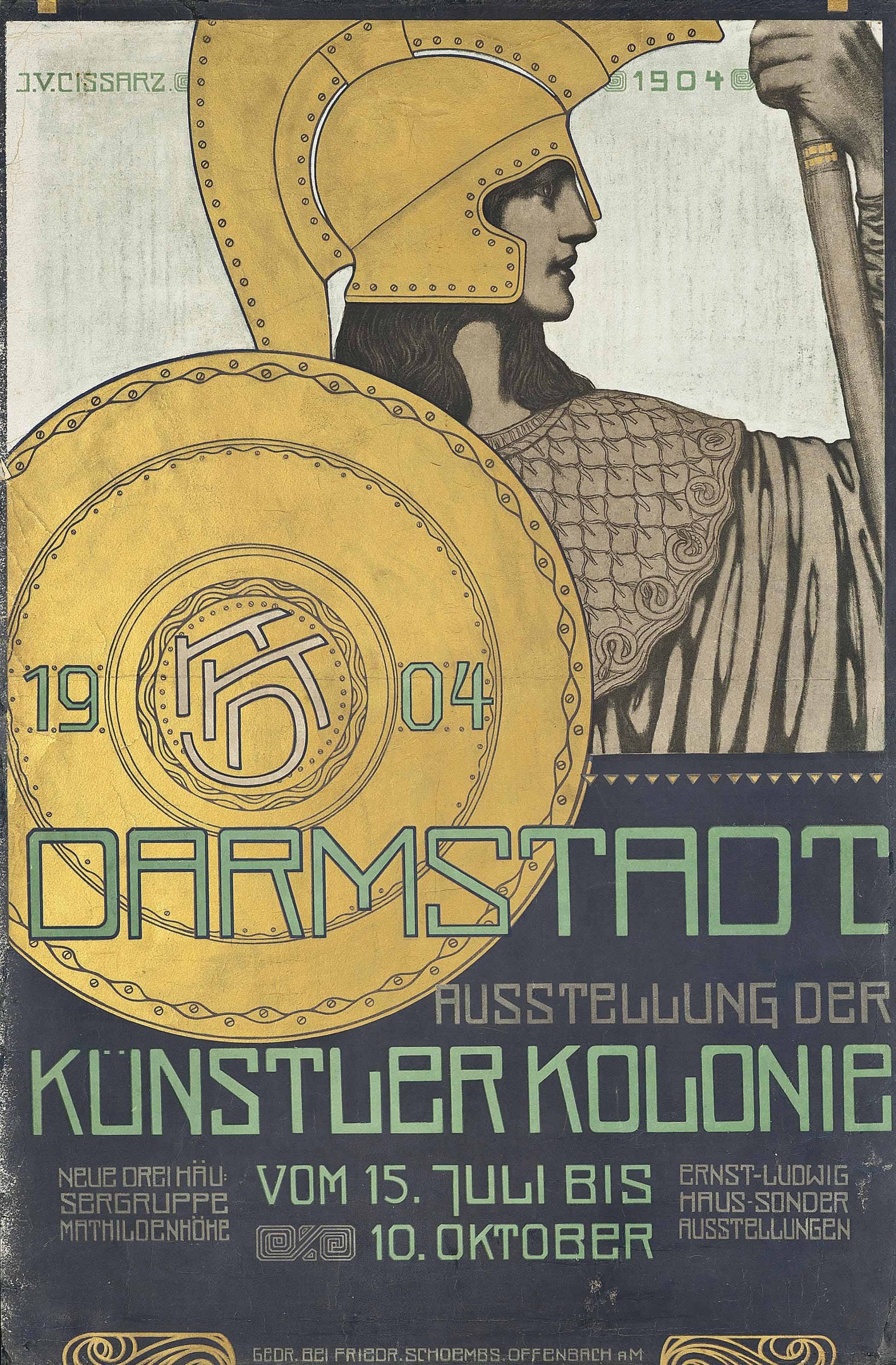 Plakat für ein 1904er Berlin-Konzert mit einem Helmbewaffneten, der ein Schild hält, mit «Darmstadt» und «Künstler Kolonie» in fetter Schrift.