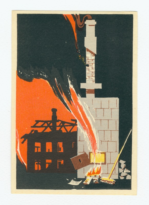 Ein Plakat zeigt ein baufälliges Gebäude, das von hellorangenen und -gelben Flammen umgeben ist, mit aufsteigendem Rauch und herumliegender Trümmer.