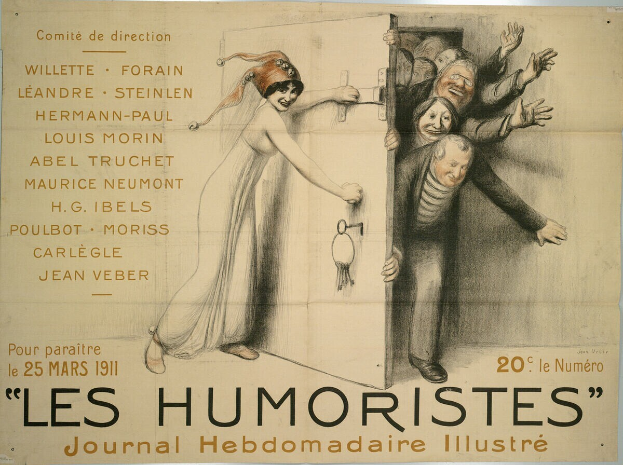 Ein Plakat an einer Hauswand mit einer Gruppe lachender, fröhlicher Menschen und der Schrift "Les Humoristes Journal Hebdomadaire Illustré" in fetter Schrift oben.
