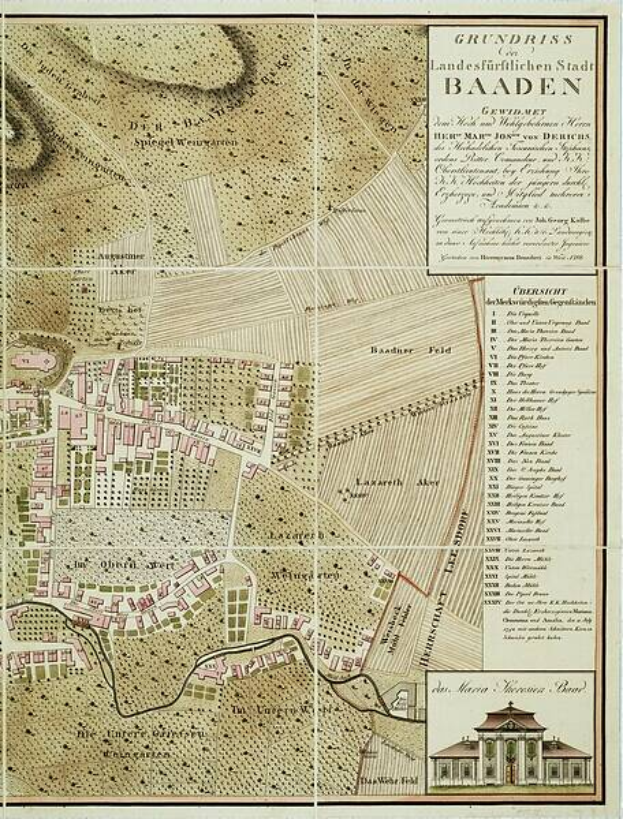 Ein detaillierter alter Stadtplan von Baden-Württemberg, Deutschland, der Straßen, Gebäude und Sehenswürdigkeiten zeigt, mit Text, der zusätzliche Stadtinformationen und ein Gebäude im rechten unteren Eck enthält.