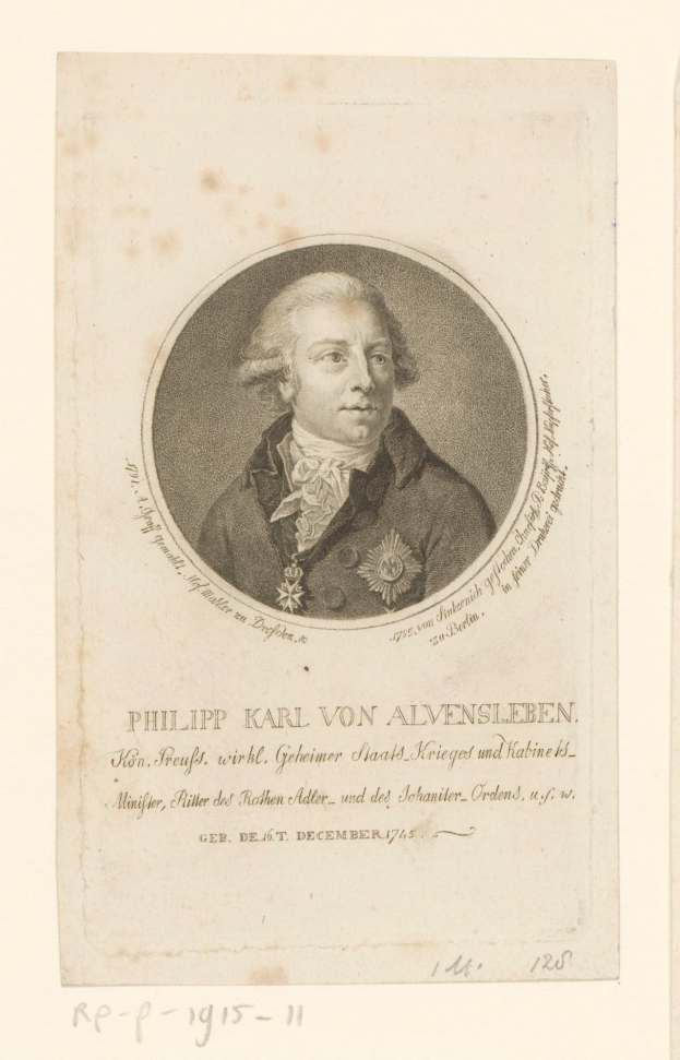 Porträt von Philipp Karl von Alvensleben, einem deutschen Staatsmann, der einen Anzug und eine Krawatte trägt und einen ernsten Gesichtsausdruck hat, mit dunklem Haar und vor der Brust verschränkten Händen, der in die Ferne schaut, mit Text überlagert auf dem Bild.