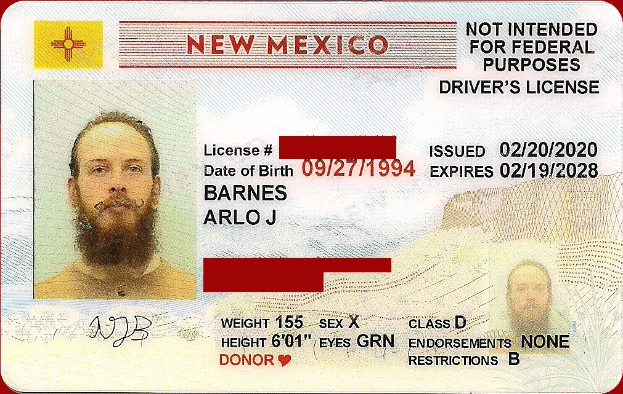 Neues Führerschein-Foto aus New Mexico mit einem Mannsbild, Text und numerischen Informationen