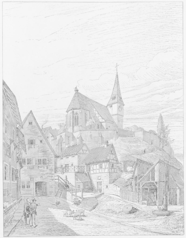 Eine Schwarz-Weiß-Zeichnung einer StraßenSzene in Heidelberg, Deutschland, mit der Kirche der Heiligen Dreifaltigkeit im Hintergrund, umgeben von Gebäuden, Menschen, Tieren, Bäumen und einem Himmel, mit Text unten, der "Die Kirche der Heiligen Dreifaltigkeit in der Altstadt von Heidelberg, Deutschland" liest.