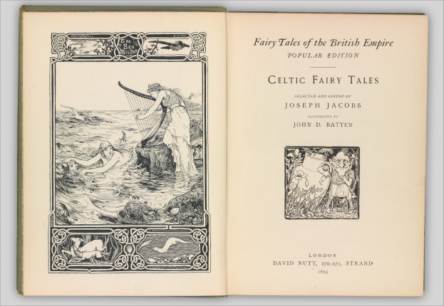 Offenes Buch mit einer Illustration eines keltischen Feenmärchens auf dem Cover auf einer flachen Oberfläche, das detaillierte, farbenfrohe Kunstwerk und sichtbaren Text auf der Seite zeigt.