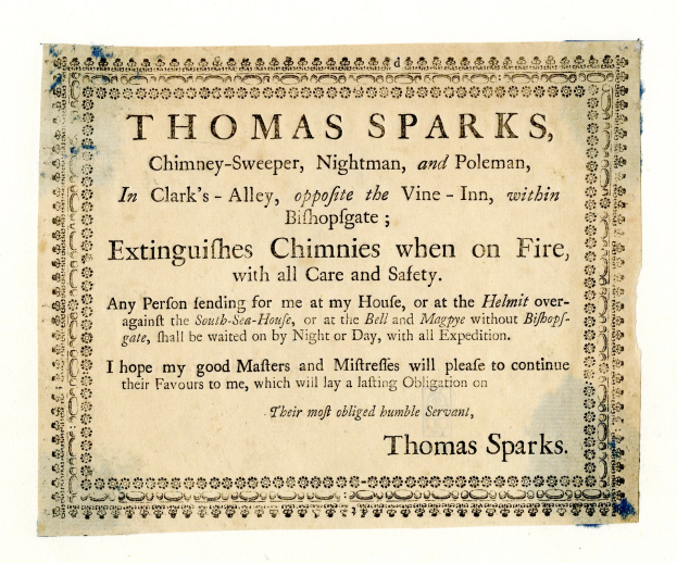 Ein Blatt mit Text, auf dem die Dienstleistungen von Thomas Sparks als Schornsteinfeger, Nachtmann und Polen beworben werden, einschließlich der Löschung von Schornsteinen bei Feuer, sowie seine Kontaktdaten.