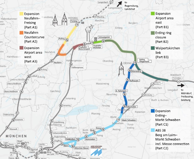 Eine detaillierte Stadtkarte, die eine Zugroute von München nach Frankfurt mit markierten Haltestellen, Entfernung und zusätzlichen Zuginformationen hervorhebt.