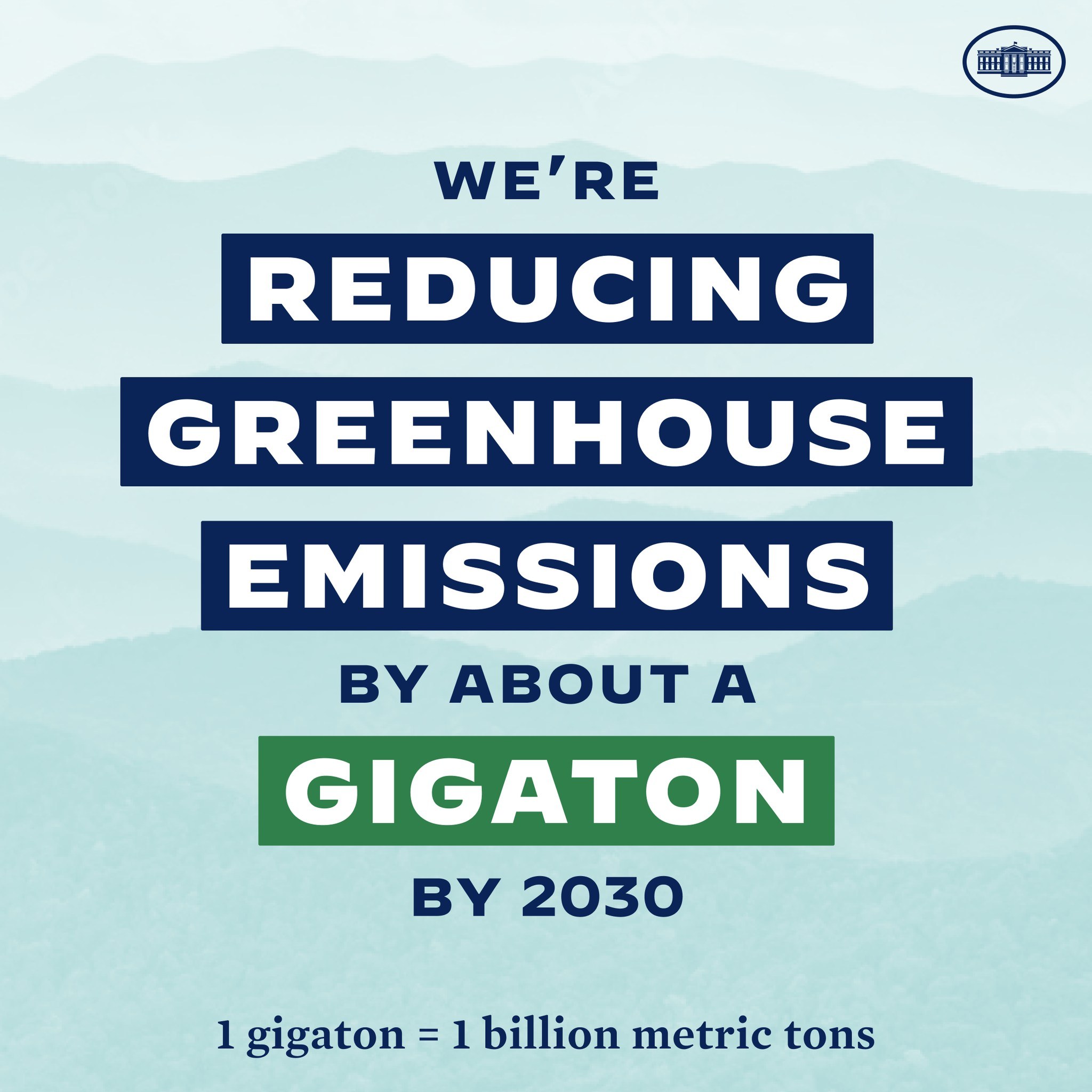 Plakat mit Text und Logo, das "Wir reduzieren die Treibhausgasemissionen um etwa eine Gigatonne bis 2030" besagt und für eine signifikante Reduzierung der Treibhausgasemissionen bis 2030 wirbt.