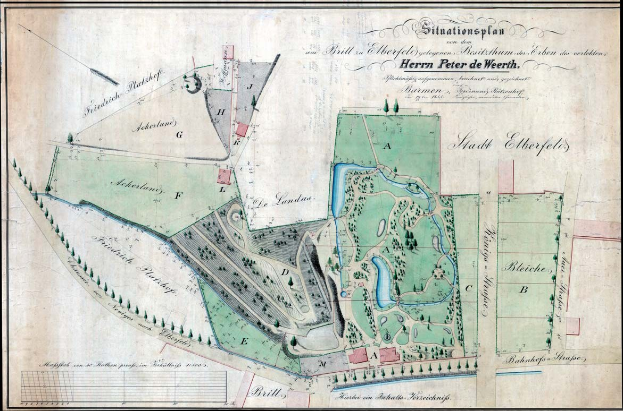 Alte Karte von Heidelberg, Deutschland, mit schwarzem Rand, zeigt detaillierte Stadtlayout einschließlich Straßen, Gebäuden und Text mit Bevölkerung, Lage und historische Informationen.