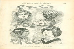 Ein altes Buchcover mit vier illustrierten Frauenköpfen und der Text "Die queere Seite der Dinge".