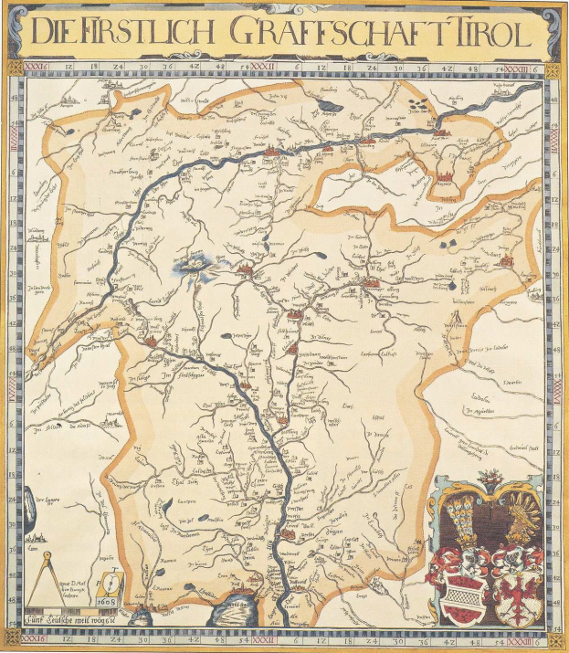 Detailreiches historisches Plakat der ersten Grafschaft Tirol-Karte, das geografische Merkmale wie Flüsse, Berge und Städte zeigt und von erklärendem Text begleitet wird.