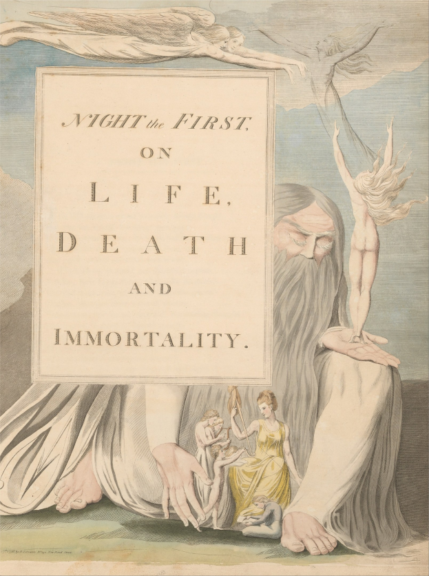 Ein Plakat mit einer leuchtenden Darstellung von Menschen, die in einem Kreis unter einem hellen Licht stehen, mit der Überschrift "Night the First on Life, Death and Immortality" in fetter Schrift.