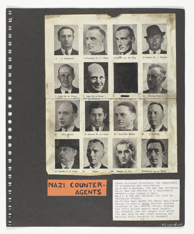 Ein Schwarz-Weiß-Foto eines Mannes im Anzug und Krawatte mit dunklem, zurückgekämmtem Haar, der direkt in die Kamera schaut mit dem Schriftzug 'Nazi-Gegenspionage' darauf.