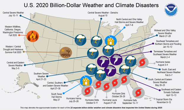 Eine Karte der Vereinigten Staaten, die die 2020 Milliarden-Dollar-Wetter- und Klimakatastrophen zeigt, unterteilt in Abschnitte nach Jahr und Katastrophenart, mit Logos in der oberen rechten Ecke und fetter Schrift, primarily in shades of blue and green with yellow and red accents.