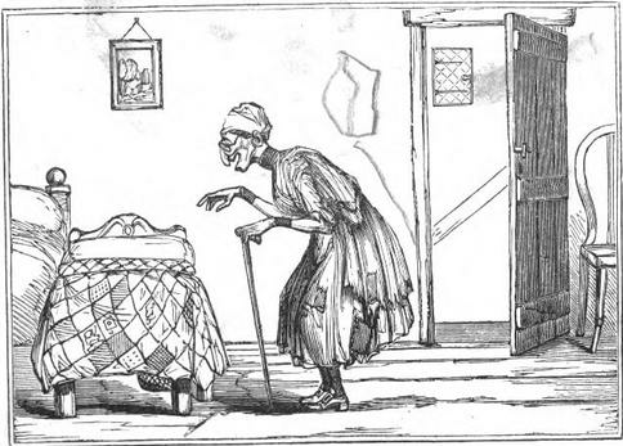 Eine ältere Frau mit einem Stock steht in einem Raum mit einem Bett, einem Stuhl, einer Tür und einem an der Wand angebrachten Rahmen und sieht besorgt in einem Schwarz-Weiß-Bild aus.