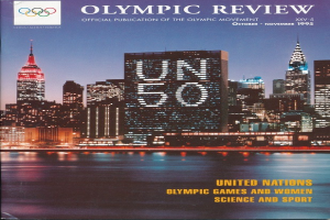 Buch mit dem Titel "Olympische Spiele - Offizielle Publikation der Olympischen Bewegung" mit einer Stadtansicht auf dem Cover, das auf einer flachen Oberfläche liegt.