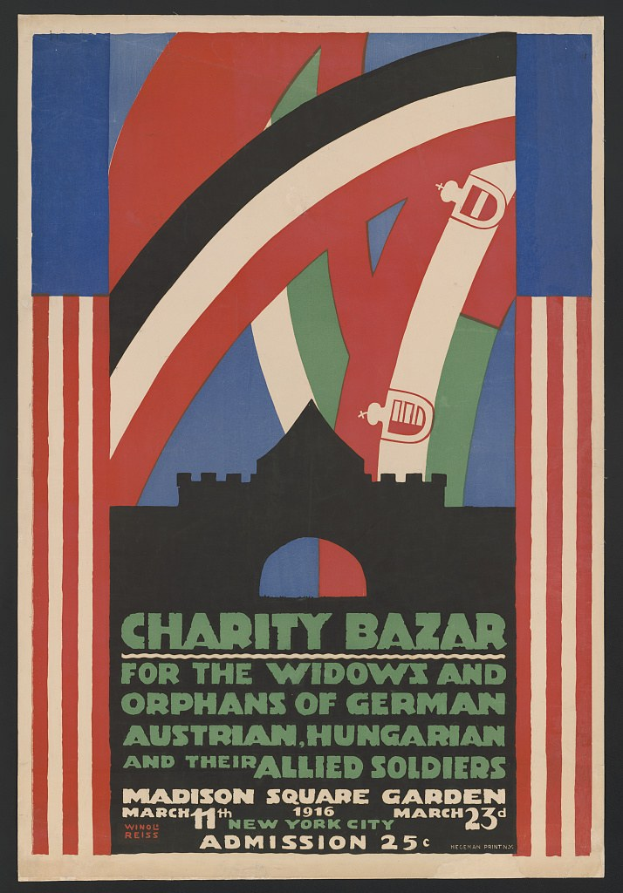 Plakat für einen Wohltätigkeitsbasar, der Witwen und Waisen deutscher, australischer, ungarischer und alliierter Soldaten unterstützt, mit Veranstaltungseinzelheiten im Text.