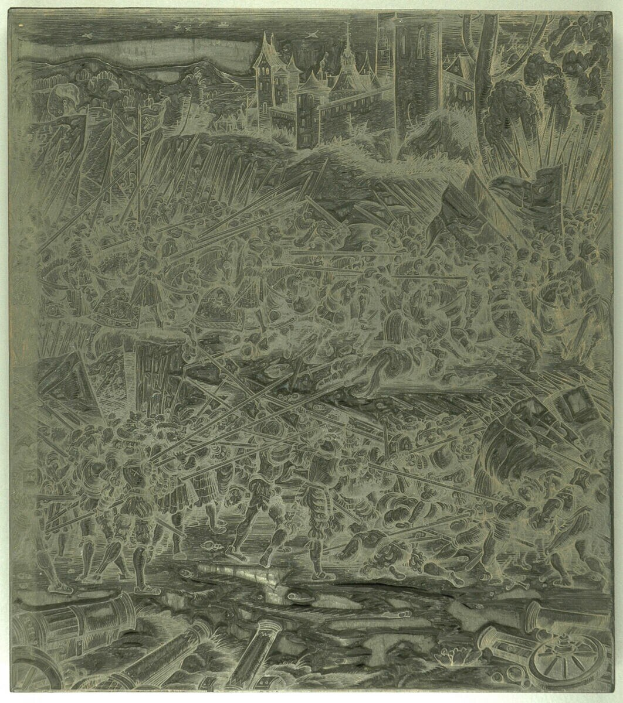 Chaotisches Schwarz-Weiß-Zeichnung von beunruhigten Menschen, die vor hohen Gebäuden und verstreuten Gegenständen weglaufen, mit Text unten.