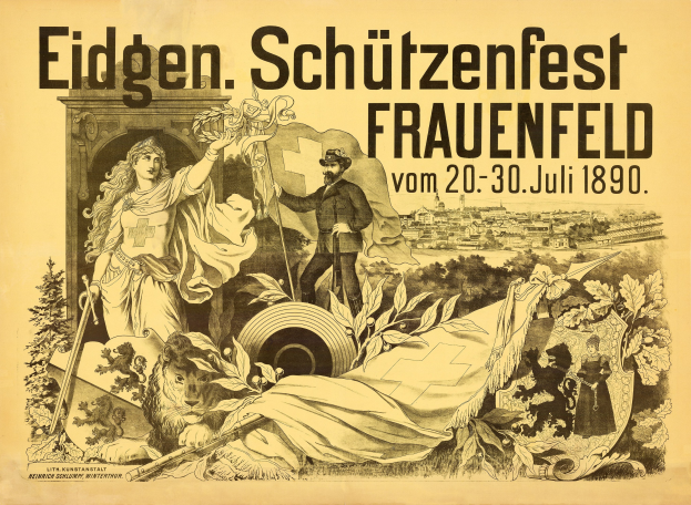 Plakat, das das Eidgenössische Schützenfest in Frauenfeld, Deutschland, ankündigt und einen Mann in einem Anzug und eine Frau in einem Kleid zeigt, die nebeneinander stehen, sowie Texte mit Ereignisinformationen.