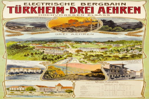 Plakat wirbt für Bergbahn, Deutschland als Elektrostadt, zeigt Gebäude, Bäume, Hügel und beschreibenden Text.