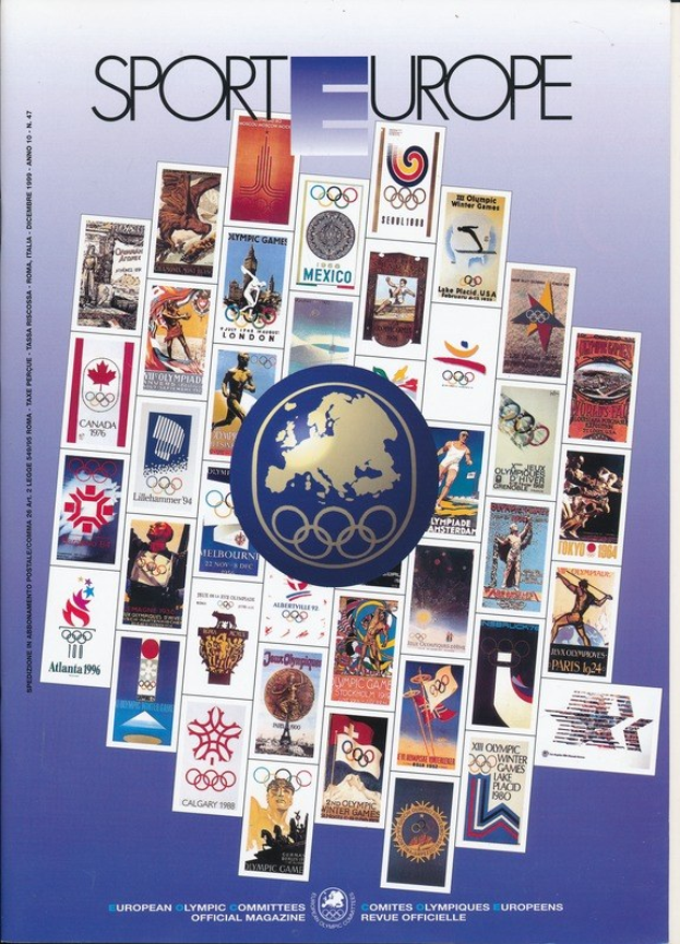 Ein Buchumschlag mit dem Titel "Sport in Europa", der farbenfrohe Bilder und Texte zu den Olympischen Spielen in Europa enthält.