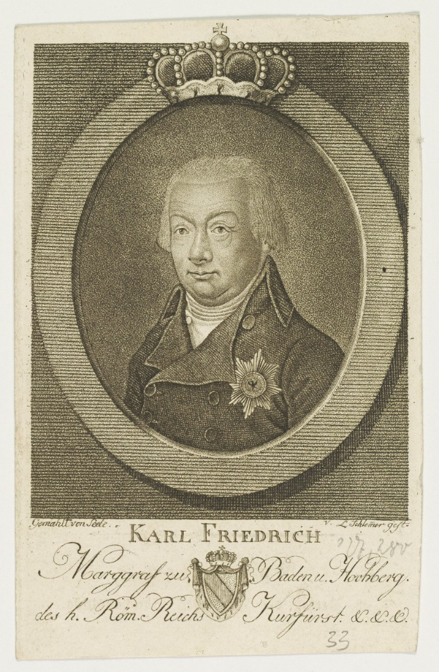 Porträt von Karl Friedrich Friedrich, König von Deutschland, mit Krone und ernstem Gesichtsausdruck.