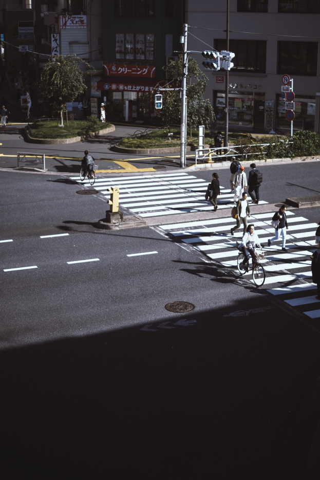 Menschen überqueren eine Straße an einer Ampel mit einem Fahrradfahrer im Vordergrund und Gebäuden, Bäumen und Verkehrszeichen im Hintergrund.