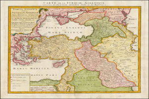 Ein alter Seekartenausschnitt des Mittelmeeres mit Booten im Vordergrund und Text mit weiterer Information.