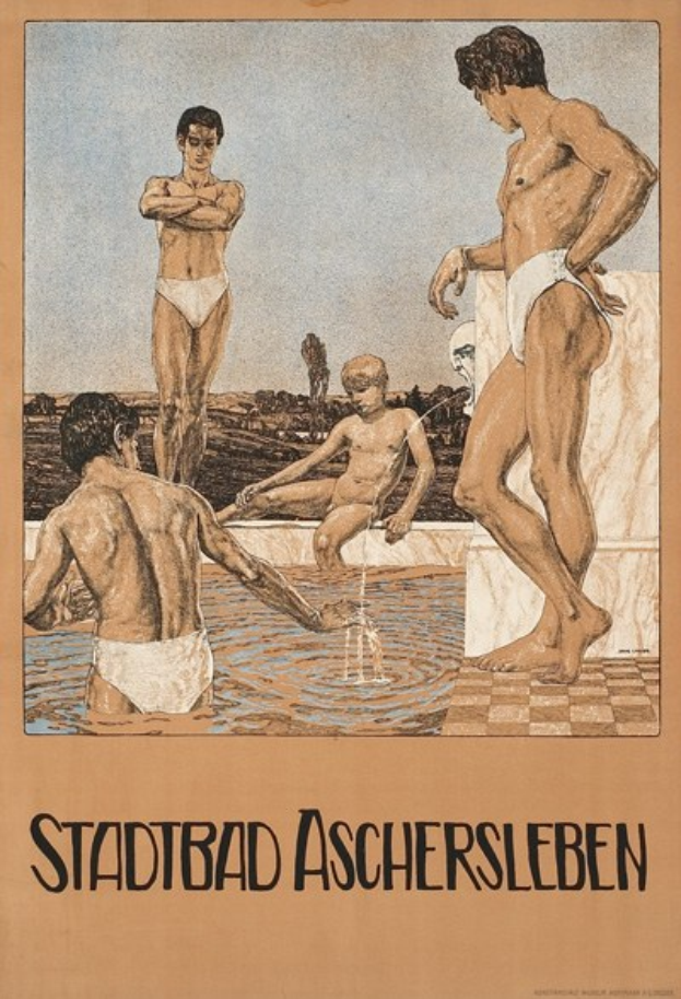 Plakat, das ein Schwimmbad in Aschersleben, Deutschland, zeigt, auf dem Menschen im Wasser zu sehen sind und einer sitzt, begleitet von Text.