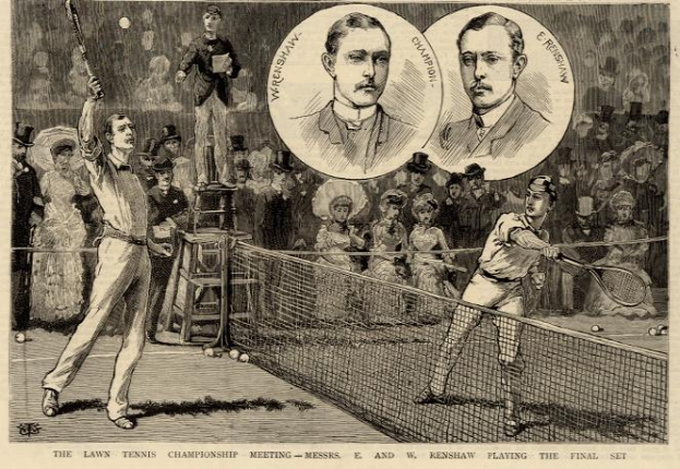 Eine Schwarz-Weiß-Zeichnung von zwei Männern, die auf einem Tennisplatz mit Netz spielen, und Zuschauern im Hintergrund, mit Text unten: "The Lawn Tennis Championship Meeting - Messers, E und W Renshaw spielen das entscheidende Satz."