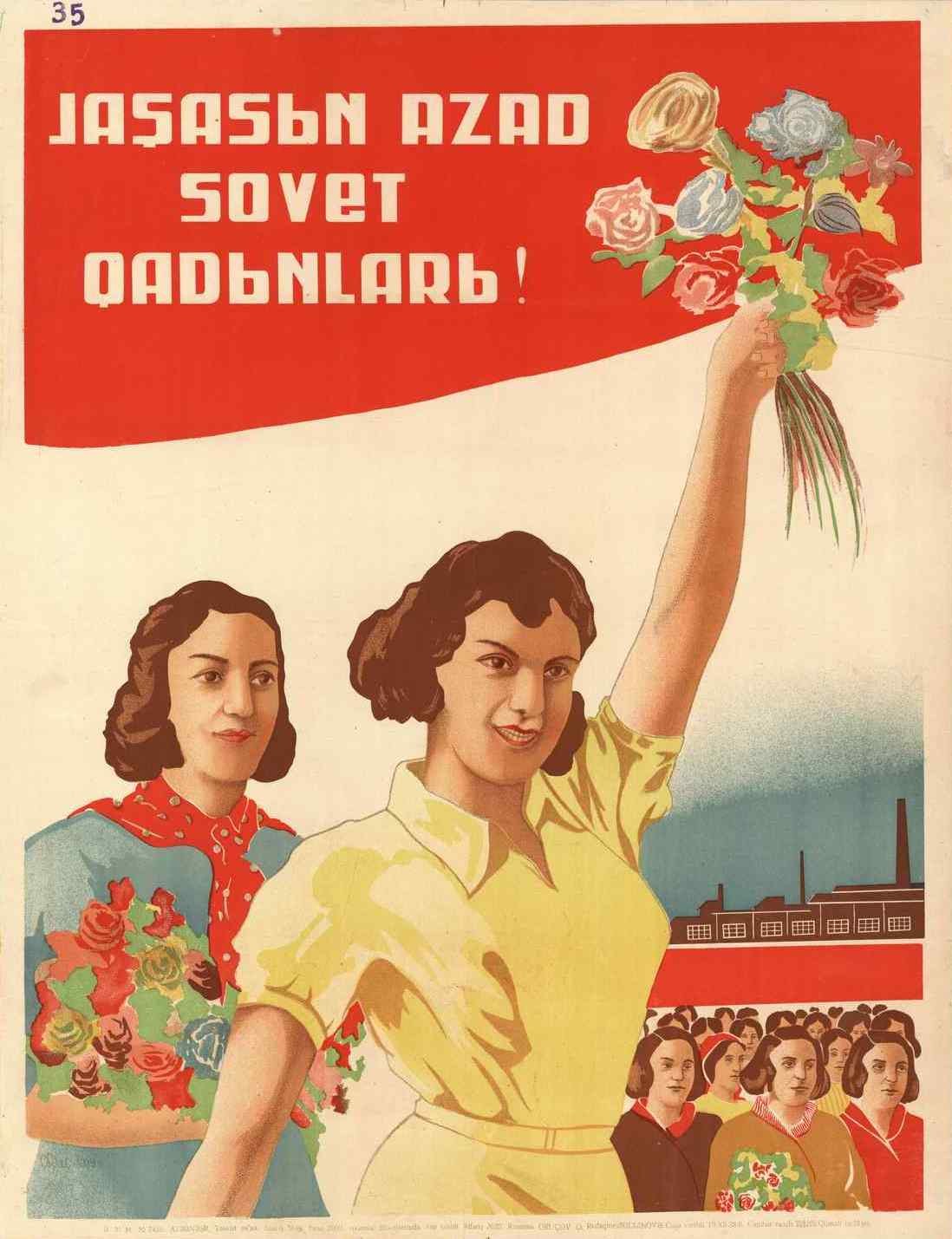 Sowjetisches Propagandaplakat zum Frauentag, das eine Frau mit Blumen zeigt, umgeben von Menschen und einem Gebäude, mit der Aufschrift "Frauentag".