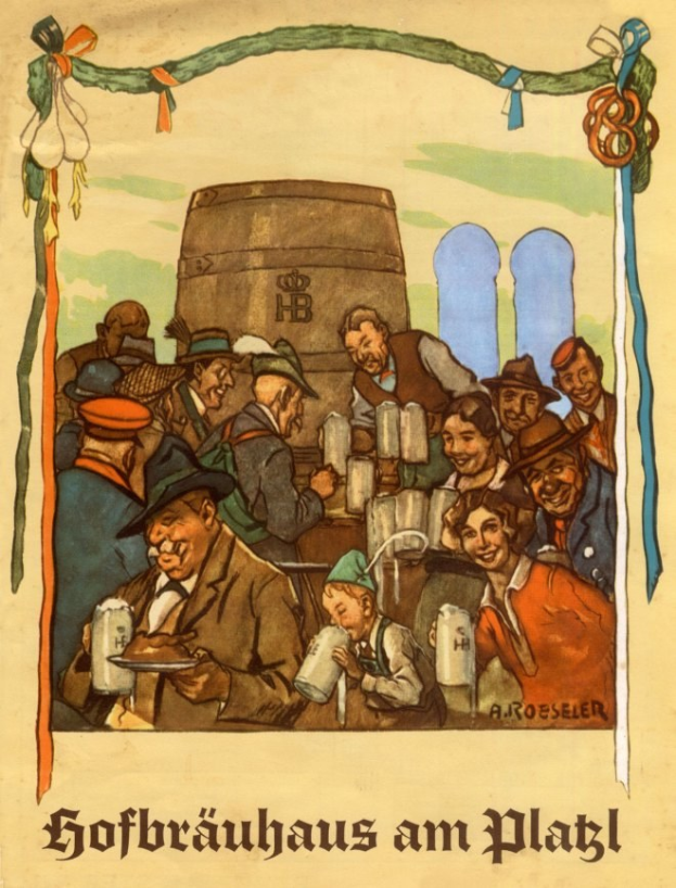 Plakat für ein deutsches Bierfest mit Menschen, die Biergläser halten und einem Fass im Hintergrund mit deutschem Text unten.